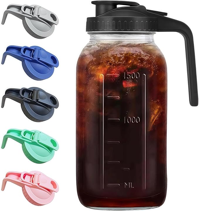 64oz Glass Pitcher with Handle and Lid, 2 Quart Mason Jar Pitcher - Airtight & Leakproof Water Jug with Pour Spout Lid, Glass Containers for Fridge, Perfect for Juice, Cold Brew, Iced & Sun Tea