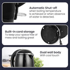 Elite Gourmet EKT1821 1.8L Double Wall Insulated, Cool-Touch 1500W Kettle w/Stainless Steel Interior & Lid, 360° Swivel Base for Cord Free Serving, Power On Lever, Auto Shut-Off, Boil Dry, Black