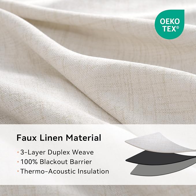 100% Blackout Linen Textured Curtains 90 Inch Long, Light Blocking, Thermal - Image 4