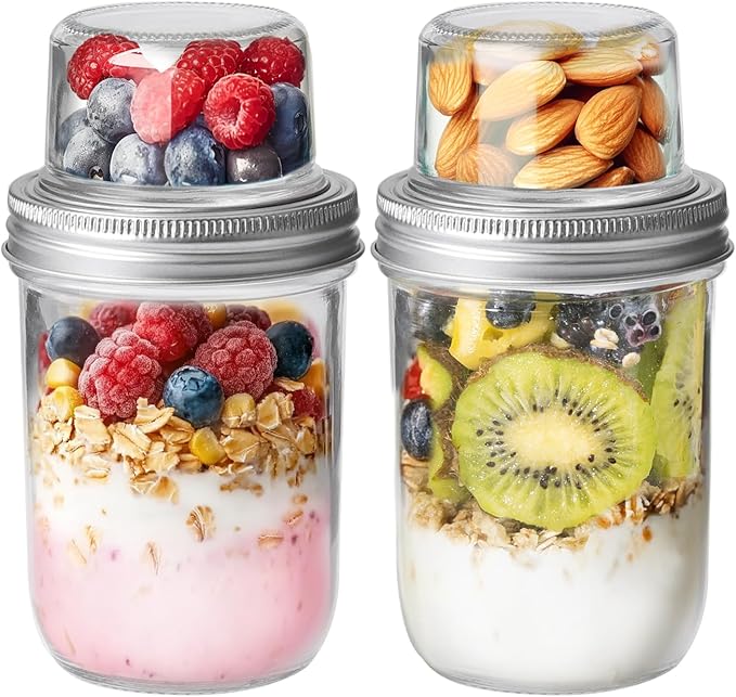 ComSaf Overnight Oats Containers with Lids (16OZ+4OZ, 2PCS) On-The-Go Dual-Laryer Yogurt Parfait Cups with Dry and Wet Separation Mason Jars for Chia Pudding Cereal Nut Fruit Meal Prep Salad