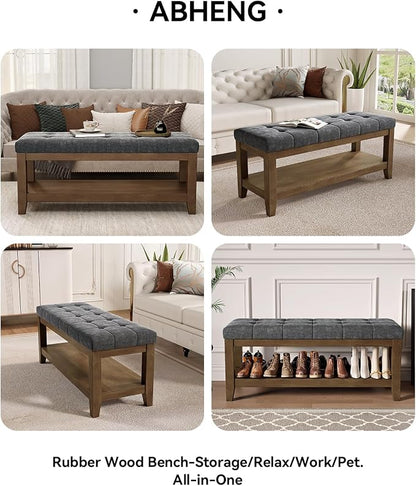 ABHENG Solid Rubber Wood Shoe Bench, Soft Chenille Material Upholstered Seat - Image 7
