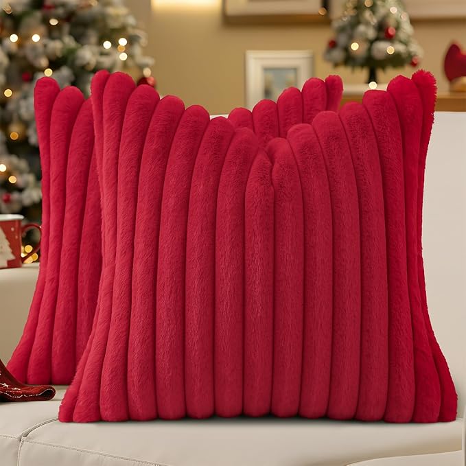 decorUhome Fall Faux Fur Throw Pillow Covers 18x18 Set of 2 Red | Decorative by decorUhome