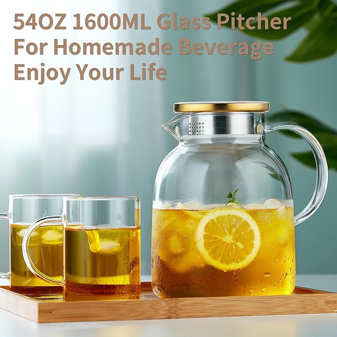 54OZ Glass Pitcher with Lid and Spout, Water Jug, Glass Carafe Water Pitcher for Hot/Cold Beverage, 1600ml for Tea, Juice, Coffee, Milk