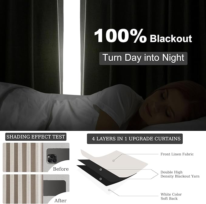 Topfinel Black Out Rustic 96 Inch Long Linen Curtains 2 Panel Set, Modern - Image 6