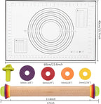 Rolling Pin with Thickness Rings and Pastry Baking Mat, 13.6" Adjustable Wooden Rolling Pin Dough Roller for Baking Cookie Pizza, Comes with Large Silicone Pastry Mat, Kitchen Baking Tools
