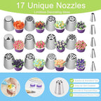 56-Piece Russian Piping Tips Set, Cake Decorating Kit with 17 Frosting Nozzles, Reusable Piping Bags, and Baking Supplies for Cupcakes, Cookies, Cakes - Idael for Bakers & Beginners