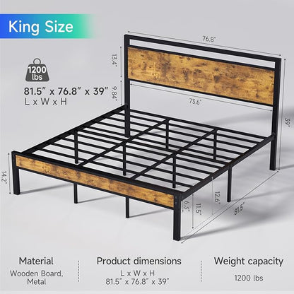 King Metal Bed Frame with Wooden Headboard and Footboard, Heavy Duty Platform - Image 2