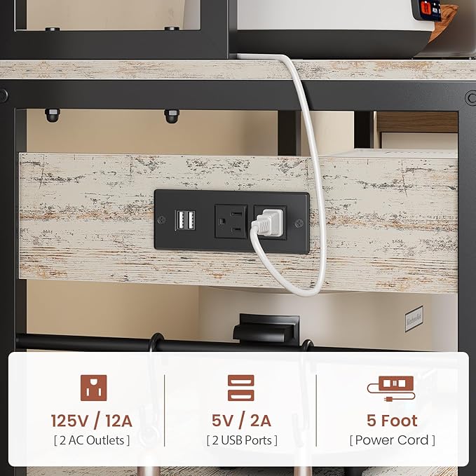 Itaar 47.2 Inch Bakers Rack with Power Outlet, Microwave Stand with Storage, Farmhouse Coffee Bar Cabinet Station with Wine Rack, Iron Grid and 8-S Hooks, Vintage White