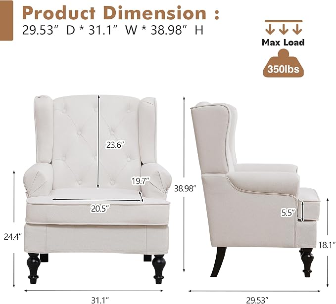 Accent Chair Set of 2, Mid Century Modern Fabric Wingback Chair, Upholstered - Image 2