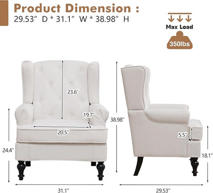 Accent Chair Set of 2, Mid Century Modern Fabric Wingback Chair, Upholstered - Image 2