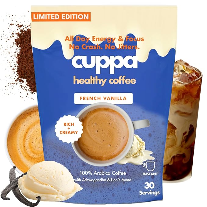 Cuppa French VanillaHealthy Mushroom Instant Coffee with Lion's Mane & Ashwagandha for All Day Energy & Focus - No Crash or Jitters - Nootropics for Brain Health, Gut Health, Immunity, Stress, Memory + Mood - 60 Servings