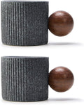 Ceramic Mini Espresso Cups Demitasse Cups with Round Wooden Handle Vertical Stripes Tea Cups (gray, 2pcs)