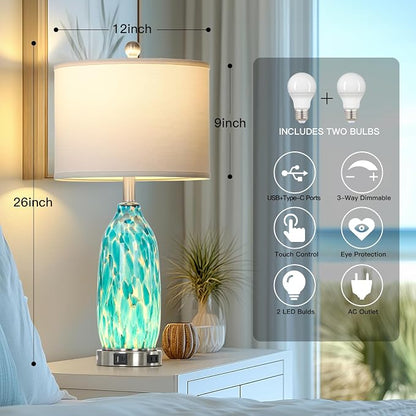 Rinweey 26" Peacock Green Glass Table Lamps Set of 2, Coastal Nautical Bedside - Image 4