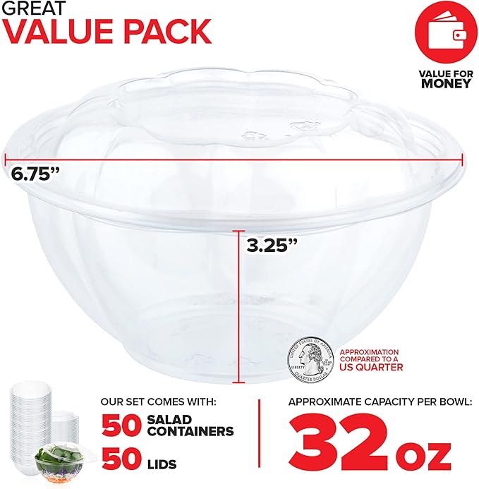 Stock Your Home 32oz Clear Plastic Salad Bowls with Lids Disposable (50 Pack) Medium Takeout Container with Snap on Lid for Fruit Salads, Quinoa, Lunch and Meal Prep, Acai Bowl, To-Go Party Containers