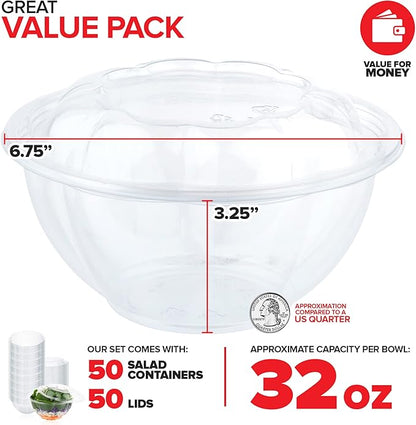 Stock Your Home 32oz Clear Plastic Salad Bowls with Lids Disposable (50 Pack) Medium Takeout Container with Snap on Lid for Fruit Salads, Quinoa, Lunch and Meal Prep, Acai Bowl, To-Go Party Containers