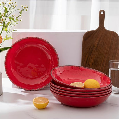 Farmhouse Melamine Pasta Bowls Set of 6, 42 OZ Large Serving Bowls Set, 9.25 inch Ramen Bowls,Wide and Shadow Rustic Red Round Dinner Bowl, Fruit bowl, Noodle Bowl, Salad Bowl Set, Red…