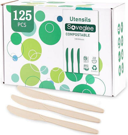 100% Compostable Knives 125 Count,Disposable Knives No Plastic Knives Heavy Duty Silverware, BPA-Free Cutlery Flatware Utensils Ecofriendly,Light Brown