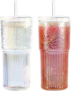 GOSCHE 20oz Glass Cups with Straws and Lids, Drinking Jar 2 Packs, Iced Coffee Cups Glass Tumblers for Water Smoothie Milkshake, Iridescent