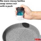 Soap Dispensing Palm Brush, Dish Brush Set with Silicone Drip Tray and One Refill, Kitchen Dish Scrub Brush for Cleaning Pots, Pans, Sinks