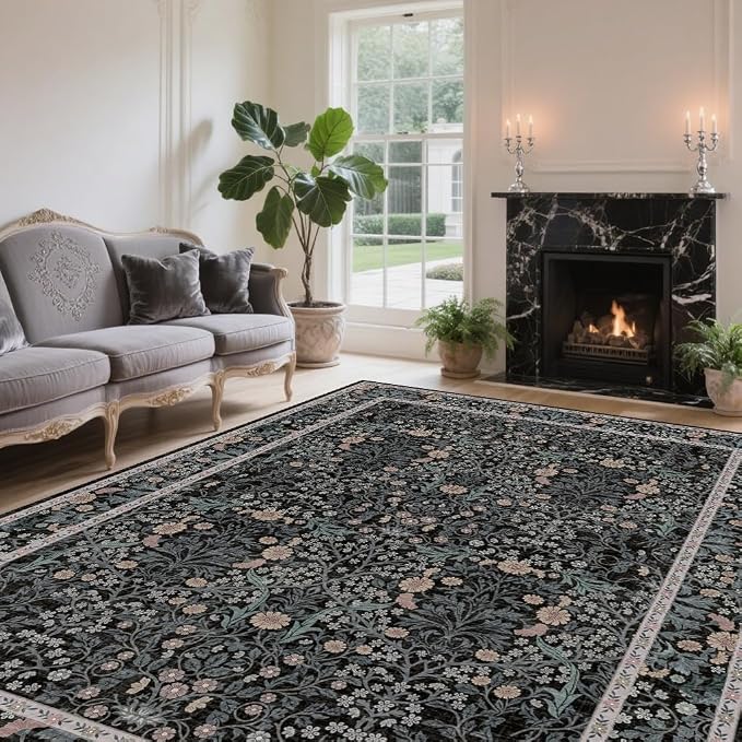Vintage Black Living Room Rug, 8x10 Washable Area Rugs - Image 2