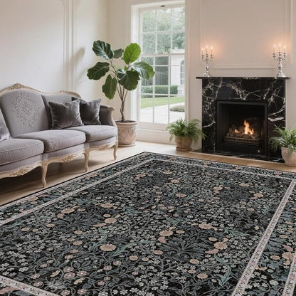 Vintage Black Living Room Rug, 8x10 Washable Area Rugs - Image 2