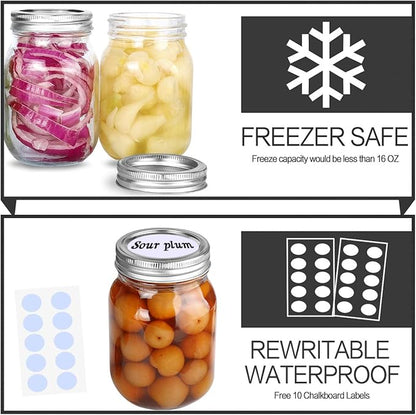 KAMOTA Mason Jars 16 OZ With Regular Lids and Bands, Ideal for Meal Prep, Jam, Honey, Wedding Favors, Shower Favors, Baby Foods, DIY Magnetic Spice Jars, 8 PACK, 10 Whiteboard Labels Included