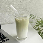 13oz Clear Iced Coffee Cups with Lids, Clear Glass Tumbler with Straw & Lid, Ribbed Glassware Cups, Dishwasher Safe Drinking Glasses, Stylish Glass Cups for Coffee, Juice, Tea, Matcha