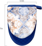 Mini Silicone Oven Mitts, Heat and Slip Resistant Kitchen Mittens 2-Pack Set, Vintage Carpet Flower Short Soft Oven Gloves, Flexible Thick Pot Holders for Safe Cooking Baking and (Dusty Blue)