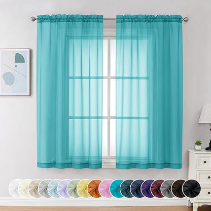 Chyhomenyc Turquoise Sheer Curtains 54 Inch Long 2 Panels, Light Filtering Rod - Image 2