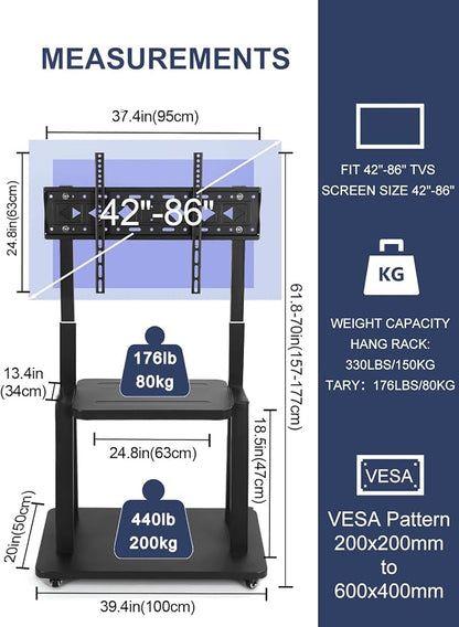 Mobile TV Stand on Wheels for 42-86 Inch Flat/Curved LED/LCD/OLED Rolling TV - Image 5
