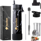 lexlion Tea Infuser Bottle - Fruit Infuser Water Bottles 22 Oz, Triple Walled Insulated Stainless Steel Bottle, Thermal Leaf Infuser, Silicone Sleeve, 3 Lids Leakproof, Metal Mug Gallon