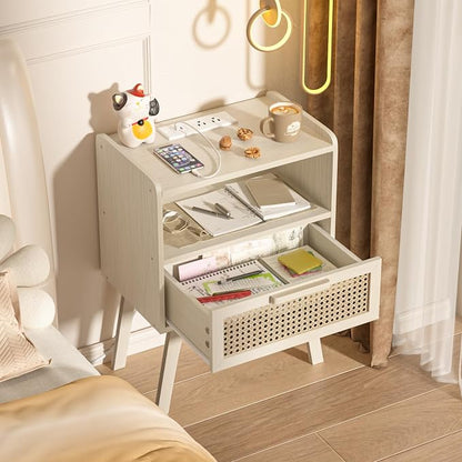 Lerliuo Rattan Nightstand with Charging Station, Side Table with Drawer Open - Image 5