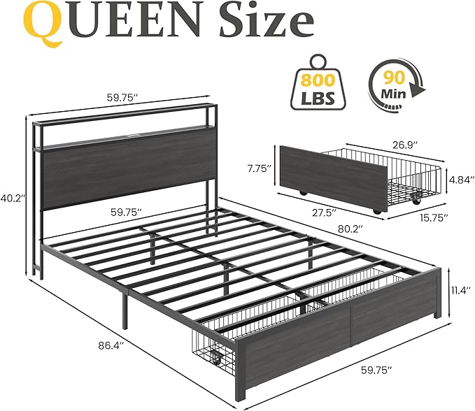 Lifezone Queen Bed Frame with 2-Tier Storage Headboard, Bedroom Metal Bed Frame - Image 2