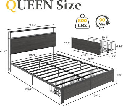 Lifezone Queen Bed Frame with 2-Tier Storage Headboard, Bedroom Metal Bed Frame - Image 2