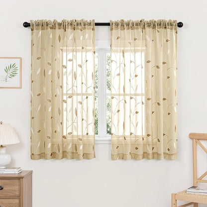 MIULEE Beige Sheer Curtains 2 Panels Embroidered Leaf Patterned, W52 x L45 | by MIULEE