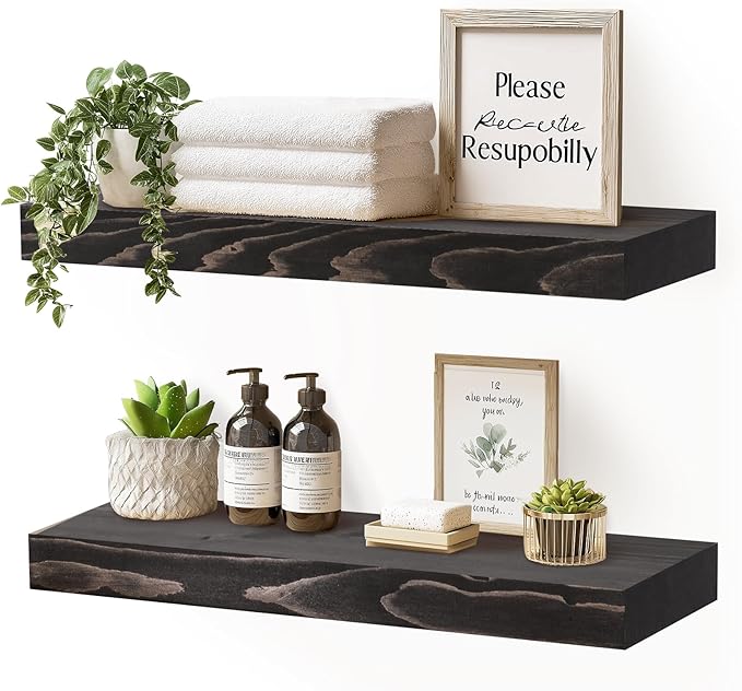 17x8x1.6 inch Floating Shelves Set of 2 – Solid Wood Rustic Black Wall Mounted by YLYHSST