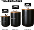 JOJUNO Black Ceramic Canister Set with Wooden Lid, 3-Piece Airtight Food Storage Jars for Kitchen Counter - Flour, Sugar, Coffee, Tea, Spice - Small, Medium, Large Sizes