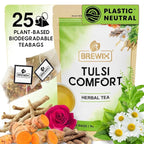BREWIX, Tulsi Holy Basil Tea Bags (25 Pyramid Bags) | Tulsi Leaves | Holy Basil & Chamomile | Caffeine Free | Herbal Tea Bags | Calming, Fresh and Cool Flavor