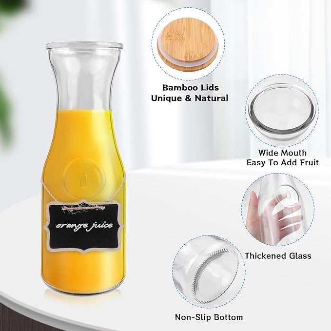 Glass Carafe with Bamboo Lid,35 Oz Beverage Dispensers Carafe,Mimosa Bar Supplies,Juice Bottles, Clear Glass Pitcher with Name Labels for Iced Tea,Coffee,Juice(Pack of 2)