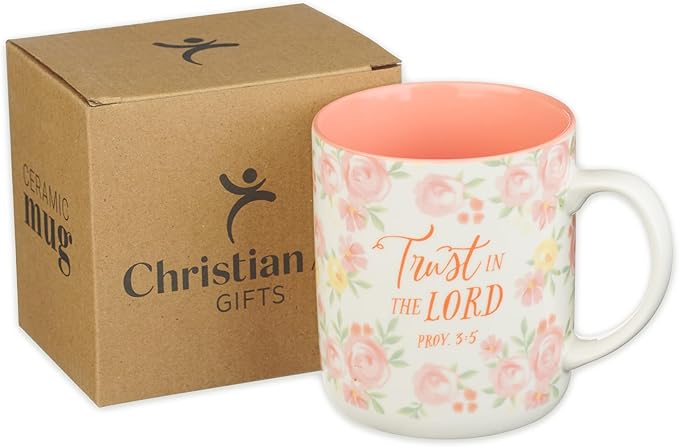 Christian Art Gifts Large Inspirational Women's Ceramic Coffee & Tea Scripture Mug: Trust in the Lord Encouraging Bible Verse, Microwave/Dishwasher Safe Novelty Drinkware, White & Pink Floral, 14 oz.