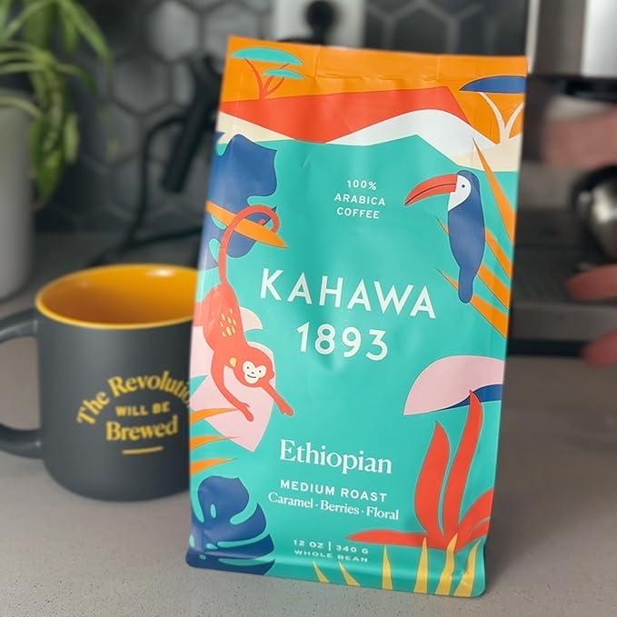 Kahawa 1893 Whole Bean Coffee Medium Roast Ethiopian Blend 12 Oz - As Seen on Shark Tank, High Antioxidants, Naturally Sweet, Organically Grown, Ethically & Sustainably Sourced