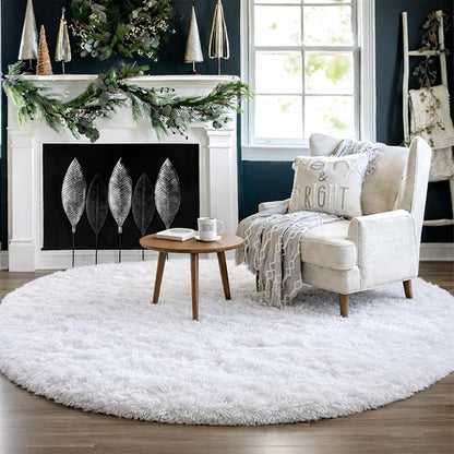 Amdrebio White Fluffy Round Rug 4Ft - Image 7