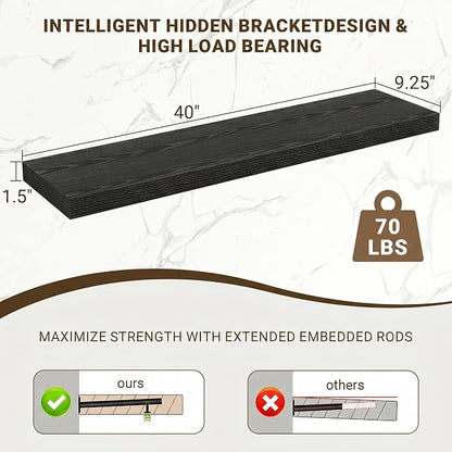 Acovy 40 Inch Floating Shelves, 3D Textured Wood Grain, Wooden Shelves - Image 3