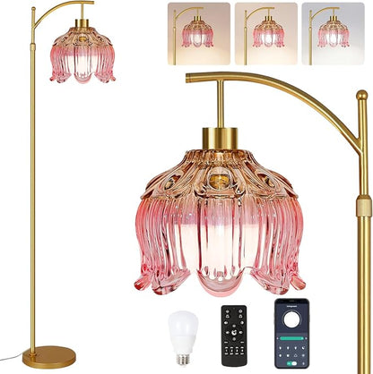 QIYIZM Pink Floor Lamp for Living Room, Glass Gold Dimmable Standing Lamp by QIYIZM