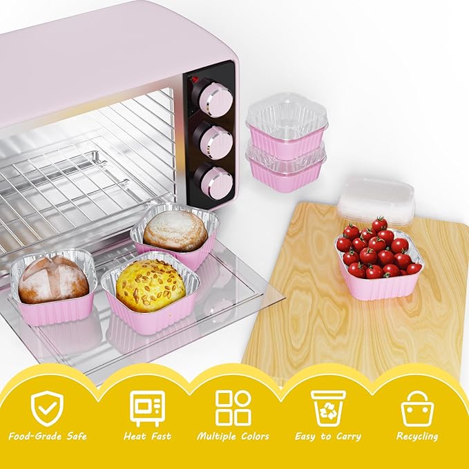25 Pack Square Mini Cake Pans with Lids,Mini Loaf Pans with Lids,Aluminum Foil Baking Cups,Disposable Ramekins Cupcake Cups,Dessert Cups for Wedding Birthday Party Picnics,5oz (Pink)