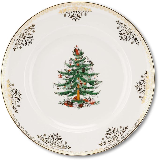 Spode Christmas Tree Gold Dinner Plate, 10 Inch - Celebratory Holiday Serveware, Classic Holiday Plate with Nostalgic, Festive Design - Fine Porcelain, Warm Oven & Dishwasher Safe