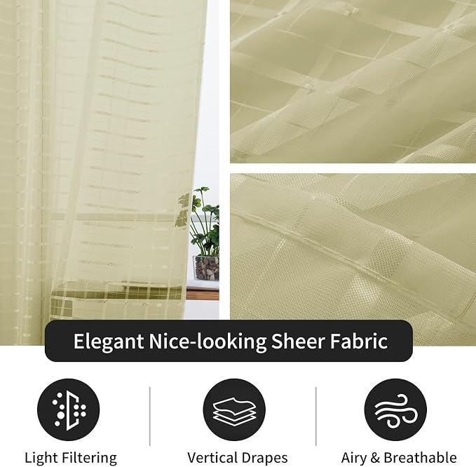 SpaceDresser Check Sheer Curtains 108 Inches 2 Panels Set, Rod Pocket Plaid - Image 5