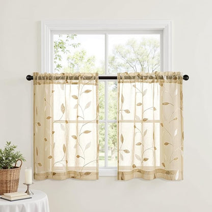 MIULEE Beige Sheer Curtains 2 Panels Leaf Patterned, W30 x L30 | Embroidered - Image 2