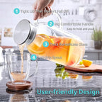 2.6 Liter 88 oz Glass Pitcher with Lid and Spout, Glass Water Carafe for Hot/Cold Water, Iced Tea Pitcher, Large Pitcher for Coffee, Juice and Homemade Beverage