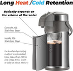 OJOJ 3L/101OZ Thermal Coffee Carafe with Pump, Thermal Beverage Dispenser, Coffee Airpot Stainless Steel Coffee Carafe for Hot Drinks Silver